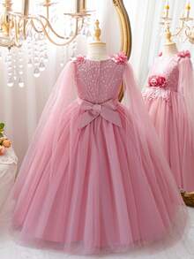 Girls Long Tulle Princess Dress With Floral Lace Waist Sash, Bowknot Backless Coral Pink Prom Gown For 3-12 Years Old, Suitable For Holiday, Special Occasion, Birthday Party, Pageant - Coral Pink - View 4