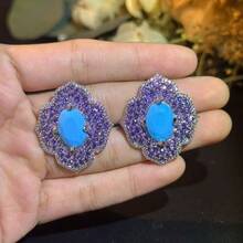 1 Pair Luxury Cubic Zirconia Flower Stud Earrings, Suitable For Women To Wear On Formal Occasions And Celebrations - Silver+Blue - View 4