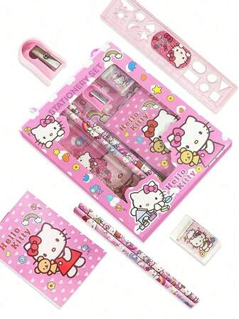 6pcs/Set Hello Kitty Cartoon Ruler, Pencil Sharpener, Eraser, Notebook Stationery Set, Creative Drawing & Office Supplies, Kitty Cat Stationery Gift Set (Some Accessories May Be Random) (Packaging Design Is Random)