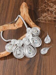 Handmade Exaggerated Multi-Layer Aluminum Wire Woven Bohemian European And American Middle Eastern European Korean Version Evening Party Holiday Women's Chain Necklace Earrings With Artificial Crystals