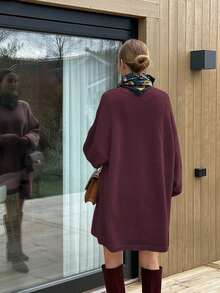 Women's Fall/Winter Korean-Style Elegant Loose-Fitting Sweater Dress, Gray Round-Neck Long Sleeves, Simplicity Leisure For Comfortable Wearing, Suitable For Daily Use And Going Out - Burgundy - View 6