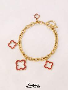 1pc Stainless Steel Lucky Four-Leaf Clover Bracelet, Women Enamel Floral Pendant Chain Bracelet, Party Jewelry Gift - Bracelet - View 15