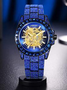 1 Piece Blue Diamond-Encrusted Men's Automatic Mechanical Watch With Alloy Case And Blue Crystal Inlaid Band, Luxury Hollow-Out Dial Timepiece, Eye-Catching Elegant Design​ - 藍色 - 查看 3