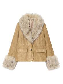 女士蓬松冬季外套，Y2K风格短款长袖派对装，秋季街头风人造毛皮拼接麂皮夹克 - 駝色 - 查看 5