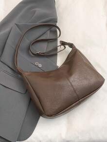 复古纯色PU皮革女士单肩包，休闲大容量户外旅行度假斜挎包，便携多功能商务通勤新月包，适合日常工作，轻便新款街头购物腋下包 - 咖啡棕 - 查看 8