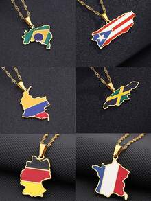 1pc Fashionable Simple Drip Oil Stainless Steel Map Pendant Necklace, Suitable For Daily Commute, Party, Gathering Outfit Matching, Girlfriend Gift, Christmas, New Year, Valentine's Day, Holiday Present - Multicolor - View 1