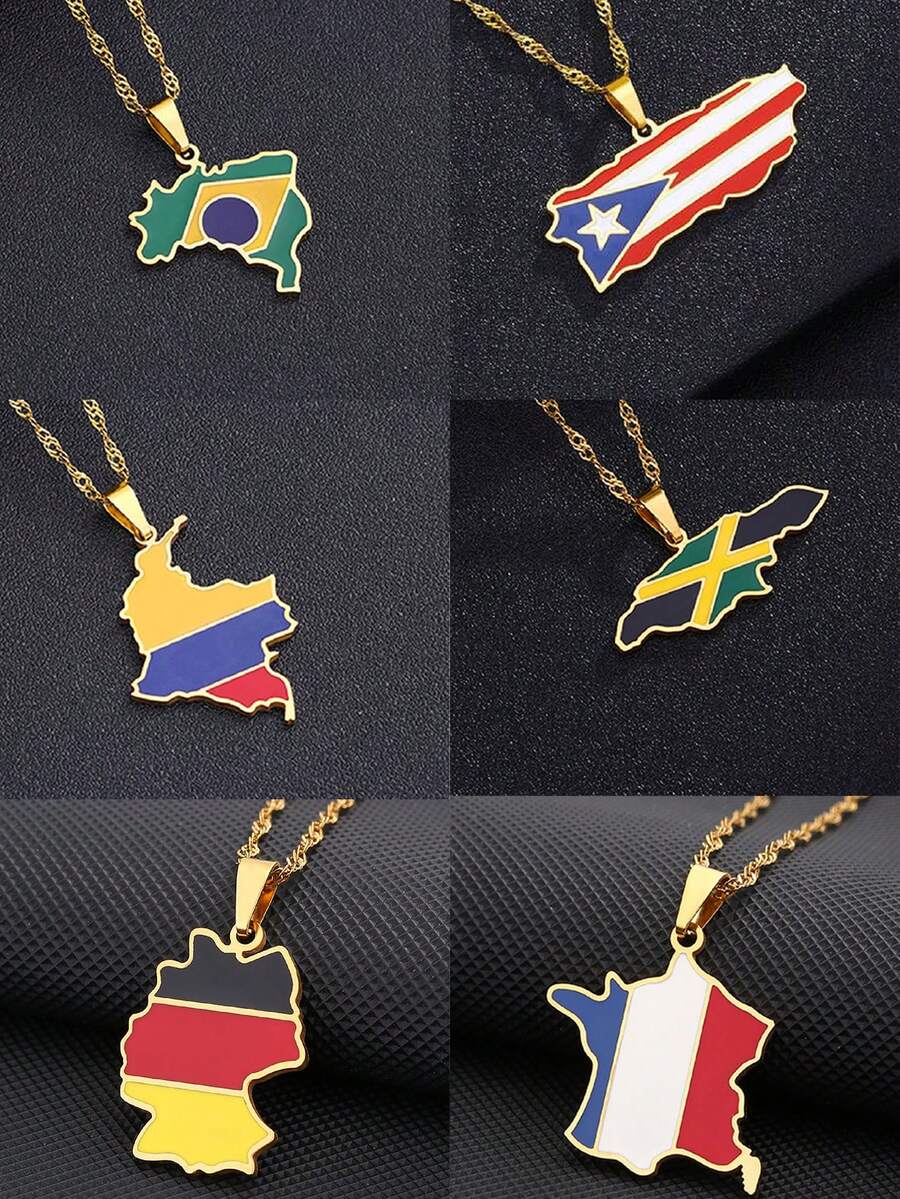 1pc Fashionable Simple Drip Oil Stainless Steel Map Pendant Necklace, Suitable For Daily Commute, Party, Gathering Outfit Matching, Girlfriend Gift, Christmas, New Year, Valentine's Day, Holiday Present - Multicolor - View 1