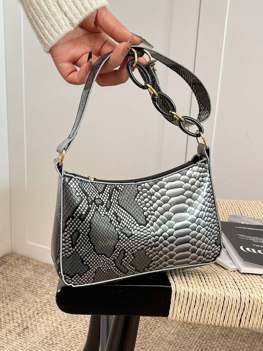 1 pezzo Borsa baguette in PU con motivo a pelle di serpente vintage nera, borsa a spalla/sottobraccia da donna, nuovo arrivo invernale