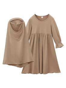Conjunto de 2 peças para meninas muçulmanas - Vestido de manga comprida em cor sólida + lenço de cabeça - Caqui - Ver 2