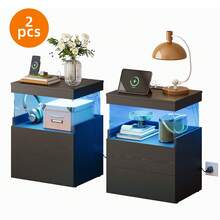 Tomnk 2pcs White LED Nightstand With Charging Station, Night Stand With LED Lights, Modern Acrylic Floating Sofa Bed Side Table With Storage Drawers And Power Outlet For Bedroom - 美規B型插(110-127V) - 查看 10