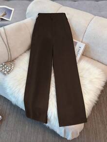 高腰双褶阔腿纯色复古简约百搭商务休闲纽扣裤 春季 - 咖啡棕 - 查看 2
