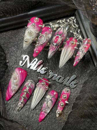 10 piezas Juego de uñas de tacón, accesorios de arte de uñas hechos a mano con bolas de acero 3D y alfileres de empuje, patrones geométricos hechos a mano de ojo, espina de pescado y metal, y diseño de patrón de uña de gota de agua 3D, color rosa y plata de ojos de gato con efecto tie-dye, estilo Y2K adecuado para uso diario y fiestas (incluye: un trozo de pegamento de gelatina y una tira de fricción), suministros para uñas