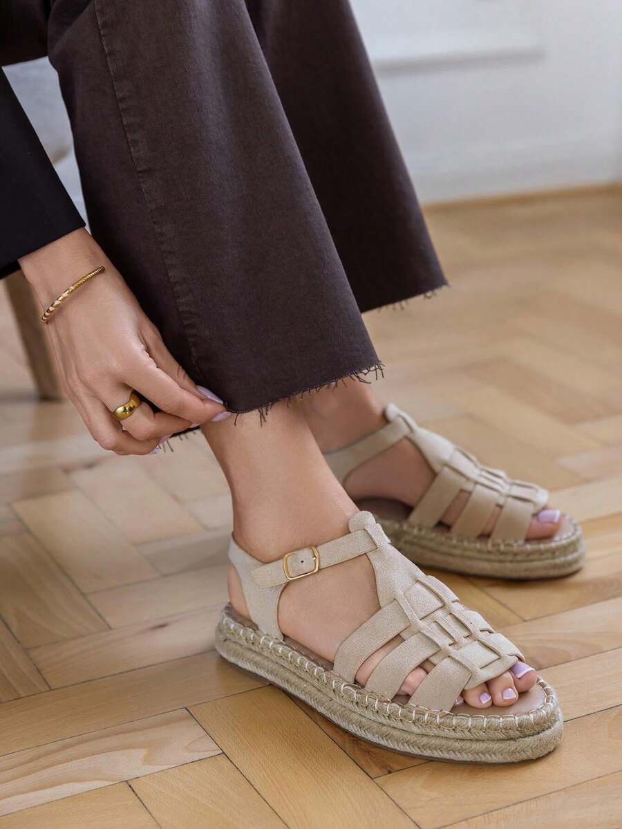 Sandales compensées en espadrille avec brides entrecroisées – Style bohème chic - 卡其色 - 查看 1