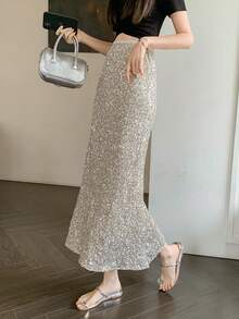 女士休闲优雅亮片拼接鱼尾裙，适合晚宴、约会、度假、日常穿着、办公等场合，春夏款 - 杏色 - 查看 3