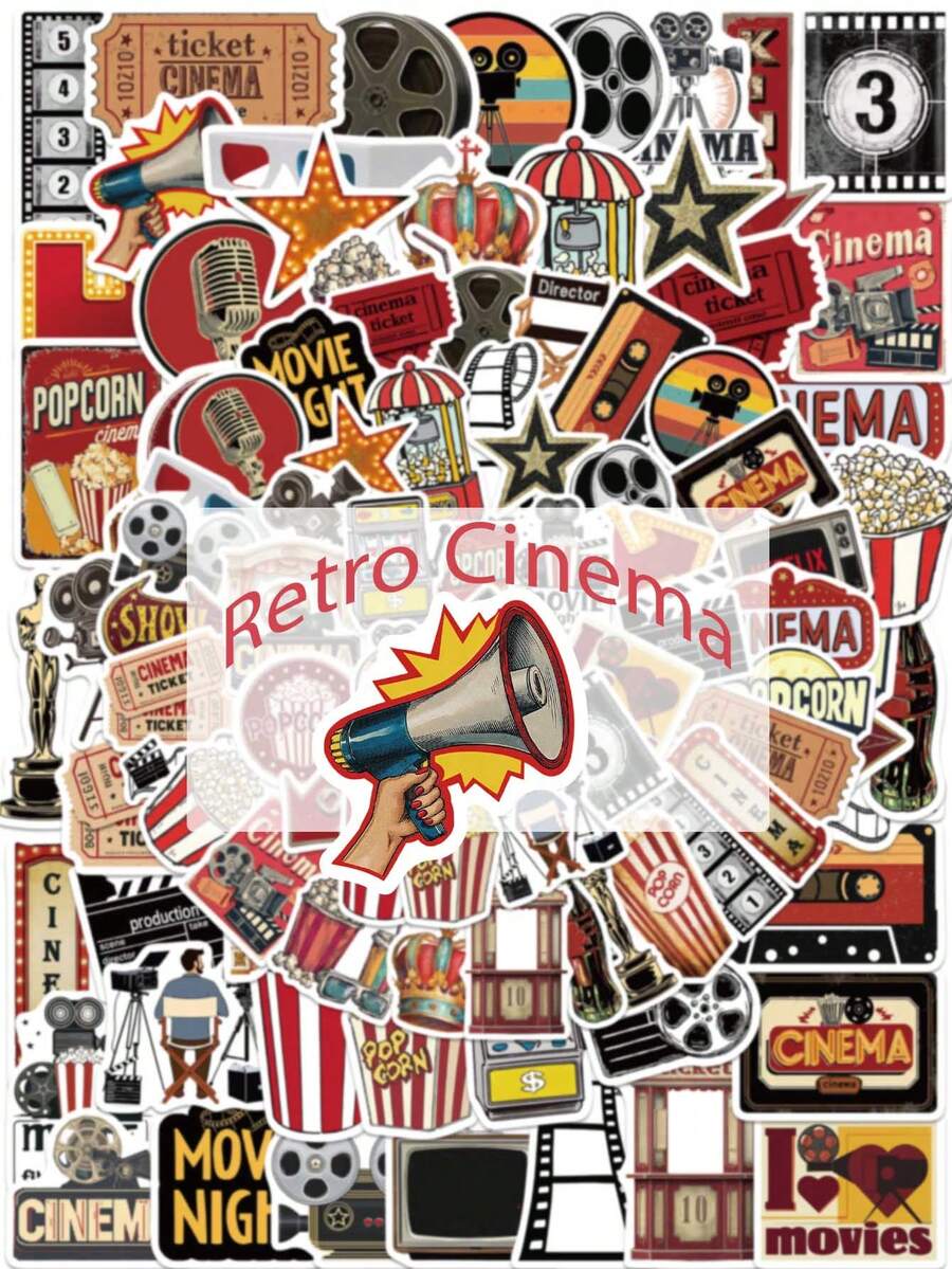50Pcs Vintage Cinema Movie Night Stickers Pack Retro Movie Decor Graffiti Stickers For Funny Film Decals Waterproof Sticker For Teens Adults Vinyl Sticker For Phone Case Notebook Water Bottle Laptop Skateboard Suitcase Art Journaling Kit Party Favors Supplies - Khaki - View 1