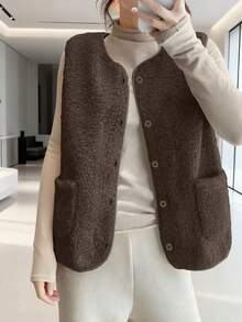 秋冬仿羊毛背心，复古风格女式无袖夹克，毛皮衬里绒面革马甲 - 咖啡棕 - 查看 2