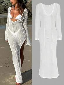 女式深 V 领镂空肩长袖钩针泳衣罩衫泳装沙滩装，前系带侧开衩长款后开衩上衣性感针织比基尼，春夏秋季