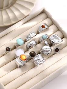 13件套时尚简约复古硬币戒指套装，搭配彩色仿宝石、仿虎眼石，不对称设计，适合女性佩戴，可用于度假、派对、婚礼、生日、节日、日常佩戴（不含包装盒）。 - 銀色 - 查看 5