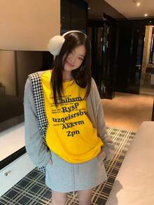美式休闲字母印花长袖T恤，女士百搭上衣，秋冬季 - 黃色 - 查看 7