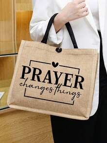 女士时尚“祈祷”字母印花手提包套装，含手拿包和拉链小袋，多功能女士包，派对/节日礼物，时尚手提包和化妆包套装，印花“祈祷”字母手提包 - 彩色 - 查看 5