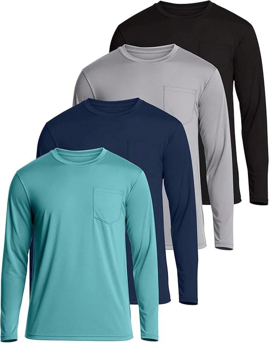 4 Pack: Men's Dry-Fit Active Athletic Long Sleeve Pocket Crew-Shirt Outdoors UPF 50 (S-5XLT), Breathable,-Wicking - Set 2 - 查看 1