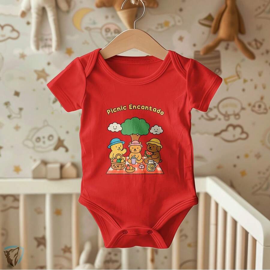 Baby Bodysuit With Animal Picnic Design | Cute High-Definition Print - Rojo - Ver 1