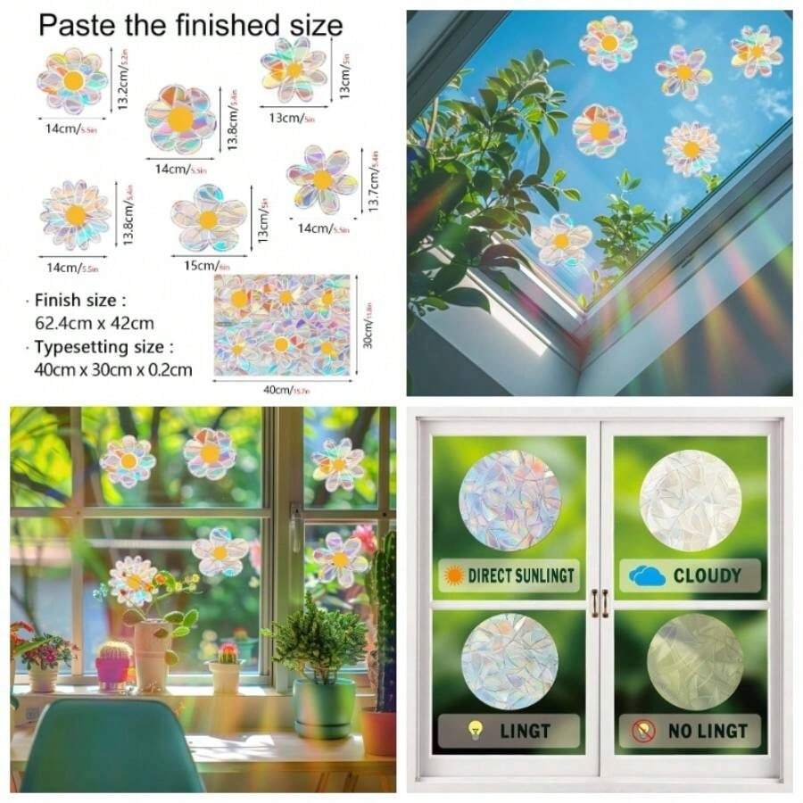 6 calcomanas de ventana de margaritas de primavera y verano, calcomanas de vidrio de doble cara brillantes de prisma arcoris anticolisin, para ventanas de espejo de vidrio, tiendas, suministros - 6 margaritas - Ver 1