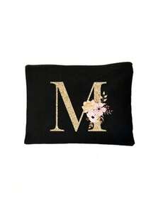 Bolsa de cosméticos con inicial de flor de la serie A-Z, de unicolor, bolsa de almacenamiento con patrón de letra retro simple y elegante, regalo de Navidad, bolsa de almacenamiento de artículos pequeños, bolsa de almacenamiento multifuncional, bolsa de almacenamiento de esmalte de uñas, bolsa de almacenamiento de cosméticos de moda, neceser, bolso, bolsa de almacenamiento plegable ligera, bolsa de compras simple, bolso de regalo para maestros, enfermeras, médicos, maestros, adecuado para el almacenamiento de cosméticos de viaje personal