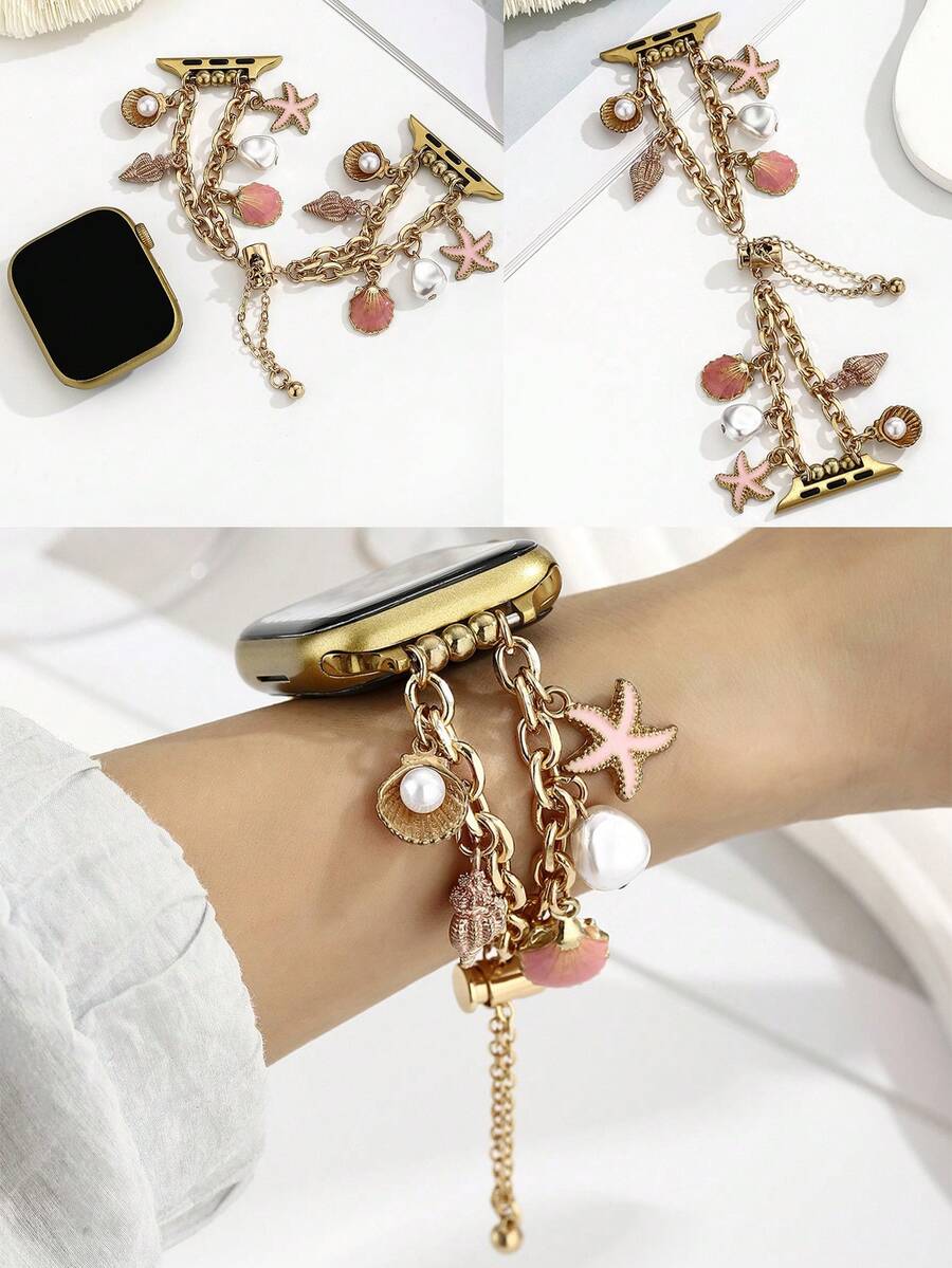 Colorful Mermaid Pearl Bracelet Watch Band Compatible With Apple Watch - Gold - View 1