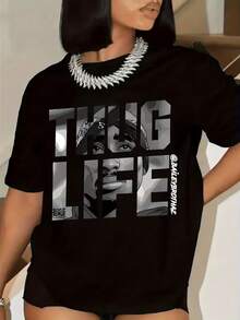 Women'S Graphic T-Shirt - A Single Piece Featuring A Bold Typeface Inspired, In Black With White Lettering. This Crew Neck Streetwear Top Is Ideal For Hip-Hop Enthusiasts, Machine Washable - 黑色 - 查看 1