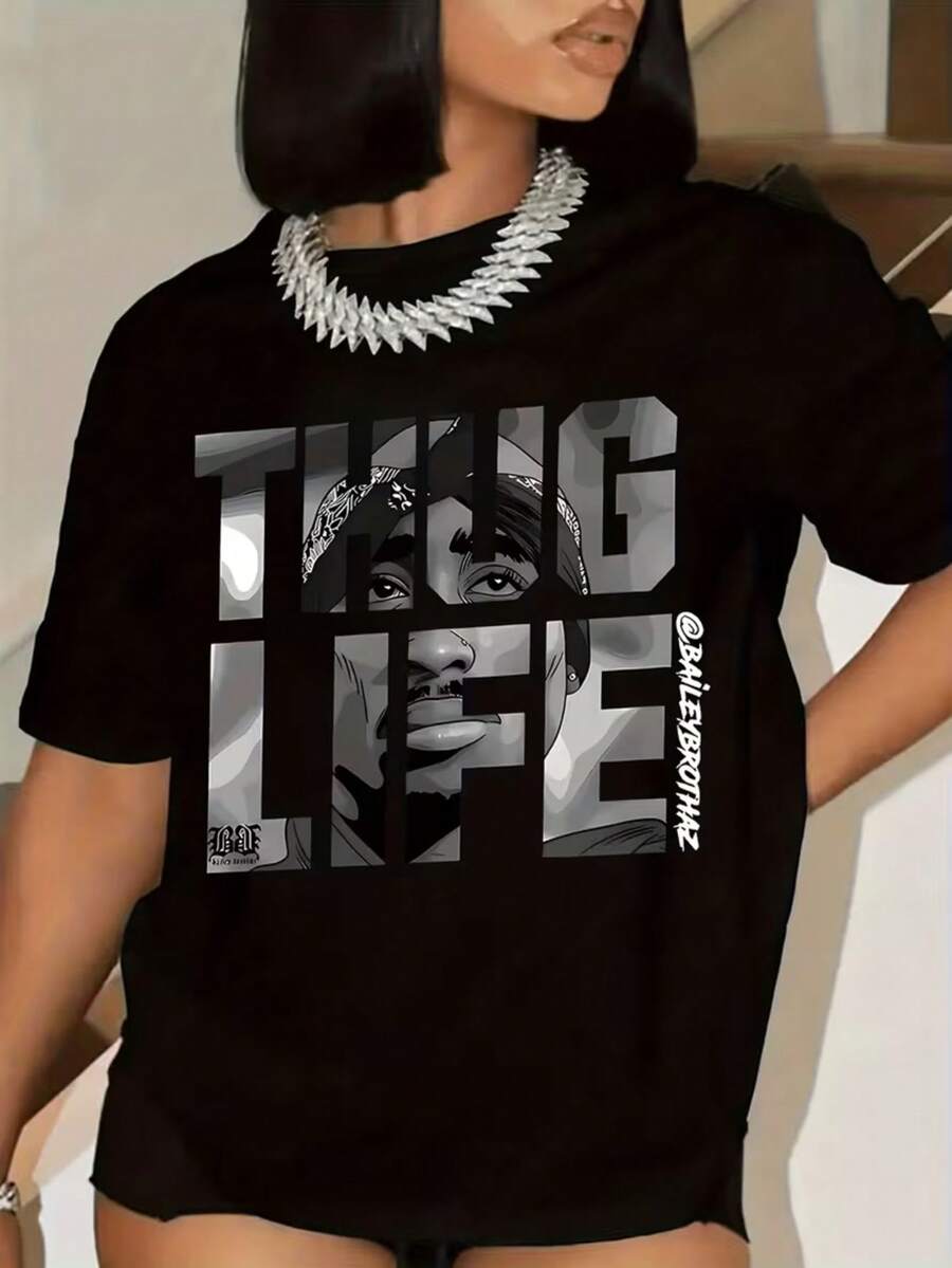 Women'S Graphic T-Shirt - A Single Piece Featuring A Bold Typeface Inspired, In Black With White Lettering. This Crew Neck Streetwear Top Is Ideal For Hip-Hop Enthusiasts, Machine Washable - 黑色 - 查看 1