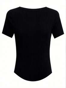 纽扣V领百搭优雅修身短袖T恤 - 黑色 - 查看 2