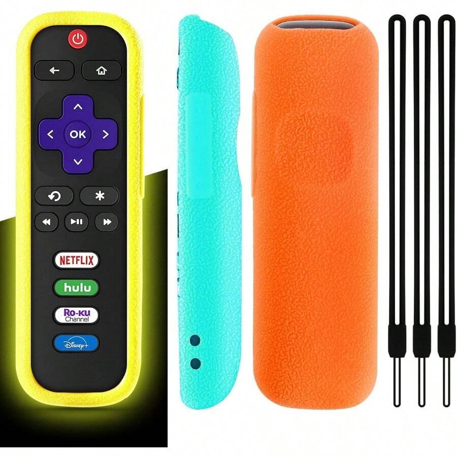AWYYWevove 3 Pack Remote Case For Roku Cover Compatible With Roku Smart TV Steaming Stick Roko TV Remote Cover Silicone Protective Controller Universal Sleeve Glow Yellow Orange Sky Blue - 螢光黃橙色天藍色 - 查看 1