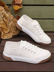 女士休闲户外帆布鞋，简约复古时尚休闲运动鞋，轻便舒适，适合日常穿着和通勤。 - 白色 - 查看 7