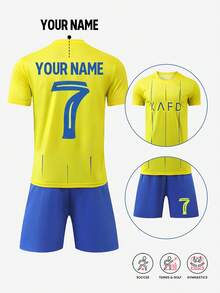 Ensemble de maillot de soccer personnalisé avec le nom "Riyadh Victory" numéro 7 pour jeunes - en polyester, Top col rond et shorts, convient pour l'entraînement sportif et le port casual des garçons, parfait pour l'extérieur - Jaune citron - Voir 4