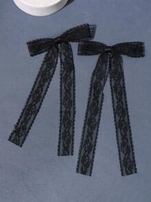 2pcs Cute Japanese-Style White Lace Bowknot Hair Clip For Women, Summer Side Clip Headwear Valentine's Day Valentines Claw Clips Hair Claws Hair Barrettes, School Stuff, Elegant, College, Winter Outfit For Women, Bows - 黑色 - 查看 5