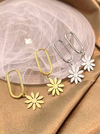 1 par de pendientes con forma de girasol de acero inoxidable, joyería de moda para mujeres