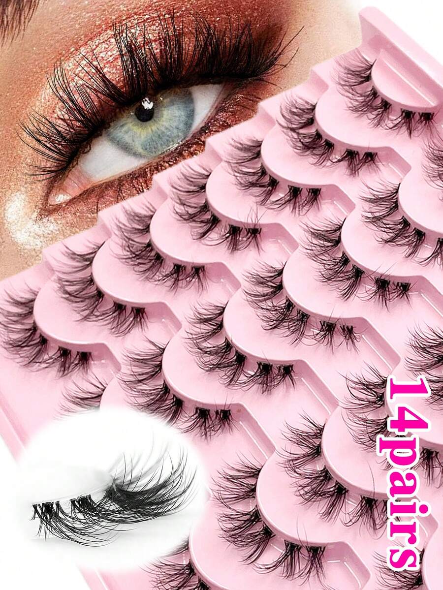 ENCHUW 14 par sztucznych rzęs, naturalny wygląd, rzęsy kocie oko z przezroczystym paskiem, delikatne sztuczne rzęsy 3D, grube rzęsy, miękkie rzęsy, puszyste naturalne rzęsy, opakowanie zbiorcze - Czarne - Zobacz 1