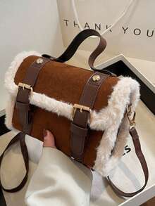 1pc Fashion Women's Flap Small Crossbody Bag, Chic Furry Edge Handbag, Shoulder Messenger Bag, Versatile For Commuting - Brown - View 6