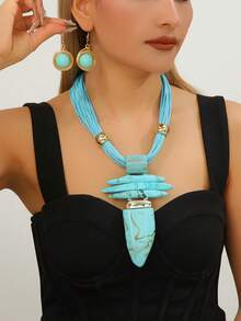 Dây chuyền sáp dệt bằng dây nhôm thủ công nhiều lớp phóng đại Phong cách Bohemian Châu Âu và Mỹ Trung Đông Châu Âu Phiên bản Hàn Quốc Tiệc tối Ngày lễ Phụ nữ Dây sáp Dây chuyền hình sừng bò bằng nhựa - Màu ngọc lam - Xem 1