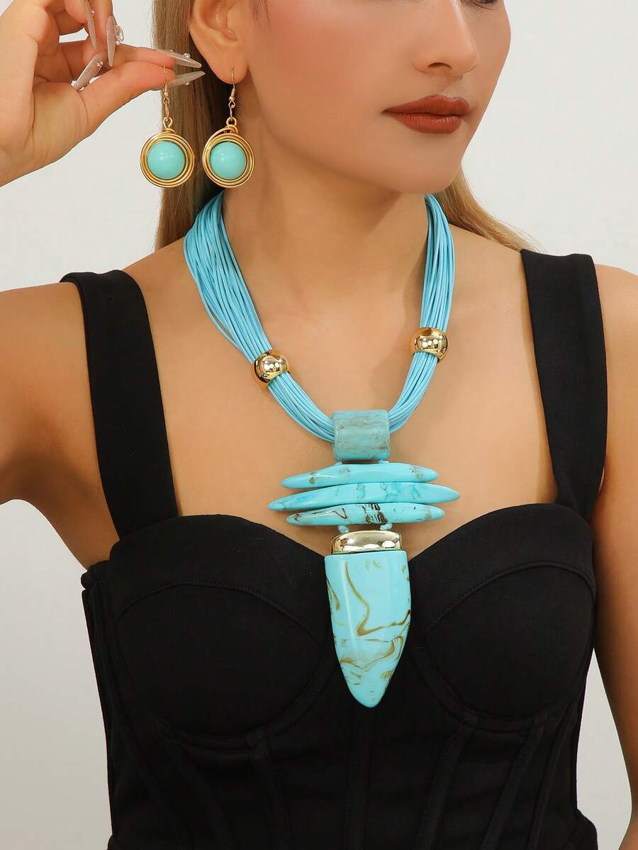 Dây chuyền sáp dệt bằng dây nhôm thủ công nhiều lớp phóng đại Phong cách Bohemian Châu Âu và Mỹ Trung Đông Châu Âu Phiên bản Hàn Quốc Tiệc tối Ngày lễ Phụ nữ Dây sáp Dây chuyền hình sừng bò bằng nhựa - Màu ngọc lam - Xem 1