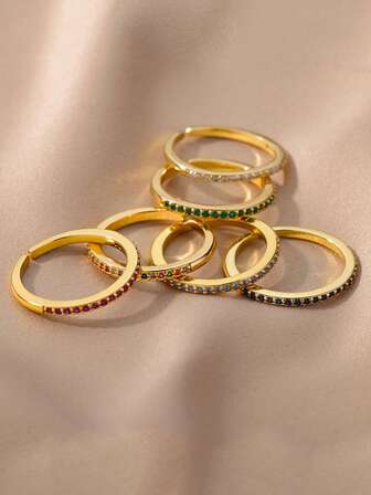 6件套简约彩色立方氧化锆叠戴戒指，迷你宝石戒指，叠戴戒指，开口可调节戒指，复古永恒戒指，黄金戒指套装，女士珠宝套装，订婚结婚珠宝时尚配饰