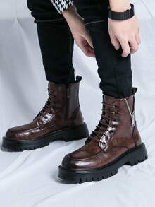 Men's Genuine Leather Round Toe Lace Up Oxford Shoes Side Zipper Platform Combat Boots With Lug Sole Comfortable Ankle Chukka Boots For Fall Winter Outdoor Military Casual Business Work - màu nâu - Xem 5