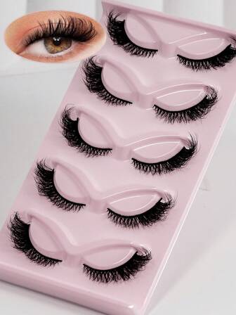 The 5 Pairs Set Of Cat-Eye 3D Artificial Mink Eyelashes With Winged Ends Look Natural, Realistic And Slightly Messy. The Outer Corners Of The Lashes Are Slender And Dense, While The False Lashes Themselves Are Soft And Have A Messy Finish.