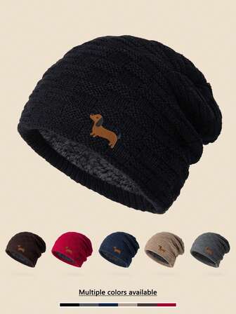 1pc Unisex Brown Dog Embroidered Warm Knit Beanie Hat, Men/Women's Windproof Thick Embroidered Cuffed Ski Cap, Soft Comfortable Simple Design Suitable For Cold Weather