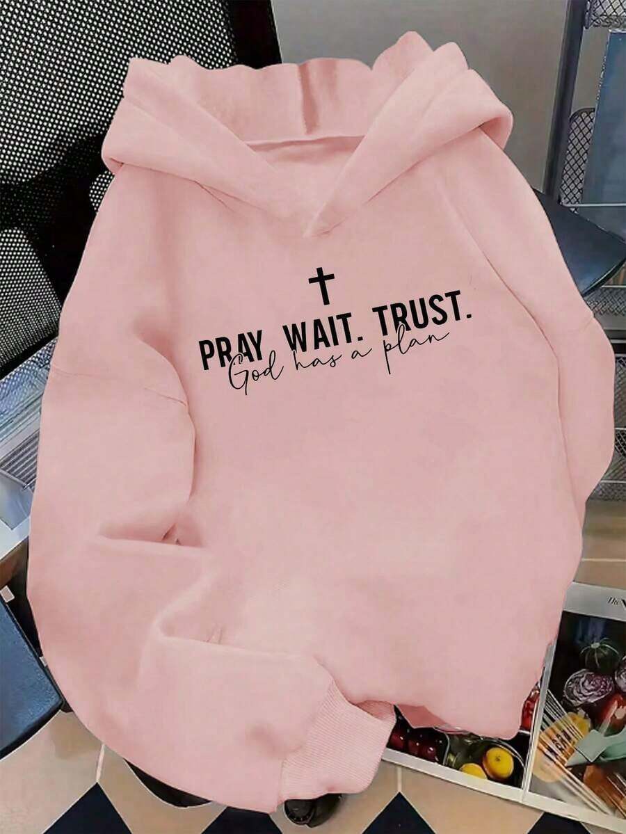 Fall Clothes For Women1PCS 2025 New Fleece Hooded Sweatshirt, Y2K Style, "Pray, Wait, Trust, God Has A Plan", Women's Winter Clothing, Women's Casual Fit, Autumn And Winter Comfortable Printed Sweatshirt, S-XXL Available, Comfortable Fabric, Machine Washable, Loose Fit, Daily Wear-Premium Cotton Graphic Printed Round Neck T-Shirts-365TLoose And Comfortablechristmas>Clothes - 藕色 - 查看 1