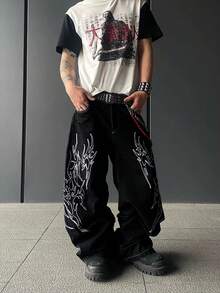 1件男士复古美式刺绣宽松舒适百搭牛仔裤（产品不含腰带和配饰） - 黑色 - 查看 5