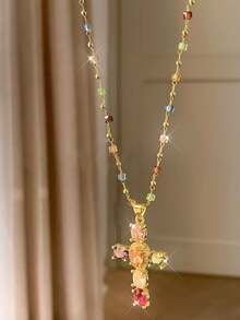 1pc Y2K Gold Plated Rainbow Colorful Cross Pendant Necklace Women Elegant Fashion Necklace Hip Hop Party Music Festival Jewelry Gift For Girlfriend Lover Couple