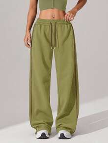 Women's Waffle Knit Loose Straight Leg Drawstring Waist Contrast Color Simple Fitness Sports Pants, Spring/Summer - Grass Green - View 4