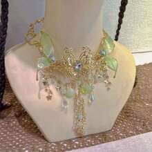 Fairy Butterfly Headpiece/Necklace/Bracelet Fashionable Fairycore Jewelry With Dangling Chains For Women And Girls - xanh quân đội - Xem 2